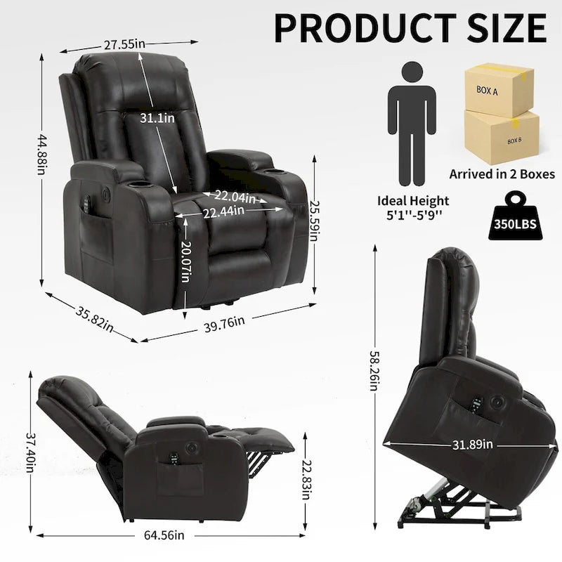 Sillón reclinable eléctrico elevador de posición infinita para personas mayores, con masaje vibratorio de 8 puntos y calefacción lumbar, puerto de carga USB