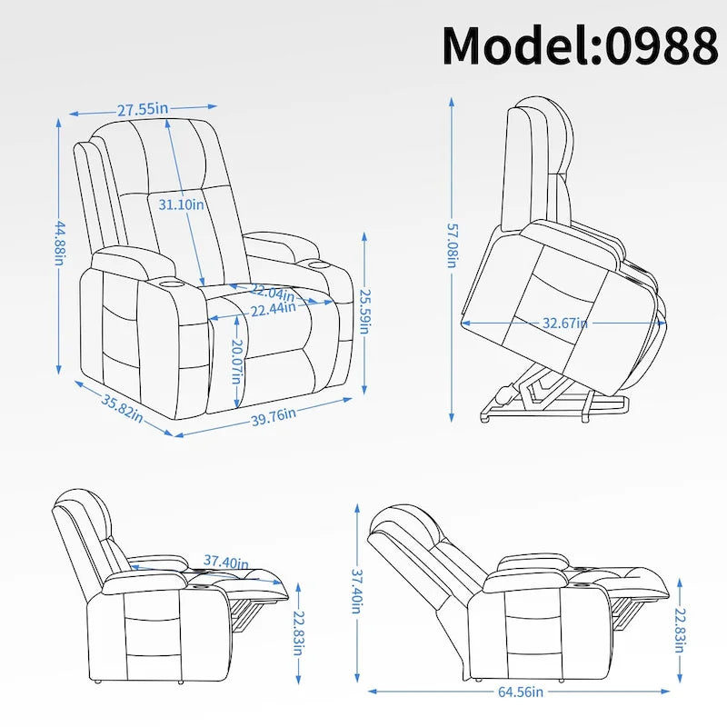 Sillón reclinable eléctrico elevador de posición infinita para personas mayores, con masaje vibratorio de 8 puntos y calefacción lumbar, puerto de carga USB