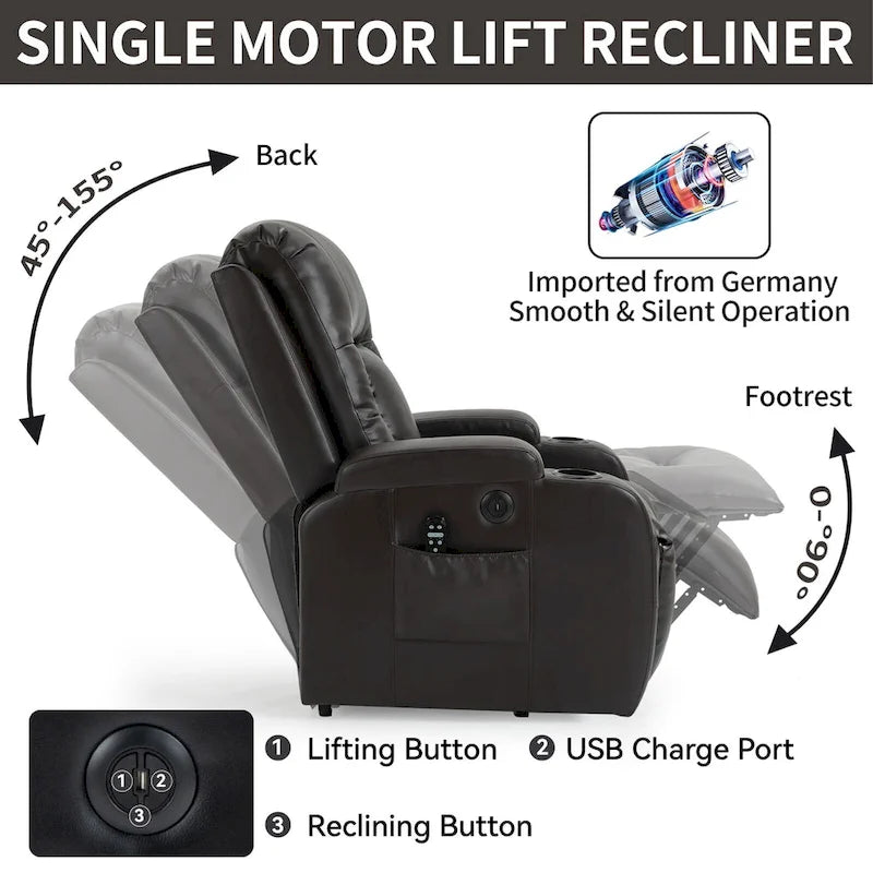 Sillón reclinable eléctrico elevador de posición infinita para personas mayores, con masaje vibratorio de 8 puntos y calefacción lumbar, puerto de carga USB