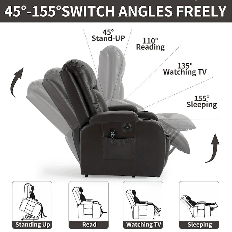 Sillón reclinable eléctrico elevador de posición infinita para personas mayores, con masaje vibratorio de 8 puntos y calefacción lumbar, puerto de carga USB