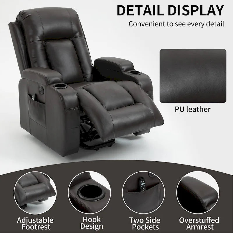 Sillón reclinable eléctrico elevador de posición infinita para personas mayores, con masaje vibratorio de 8 puntos y calefacción lumbar, puerto de carga USB