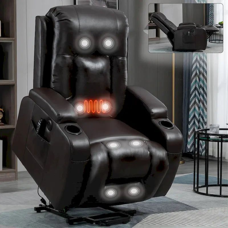 Sillón reclinable eléctrico elevador de posición infinita para personas mayores, con masaje vibratorio de 8 puntos y calefacción lumbar, puerto de carga USB