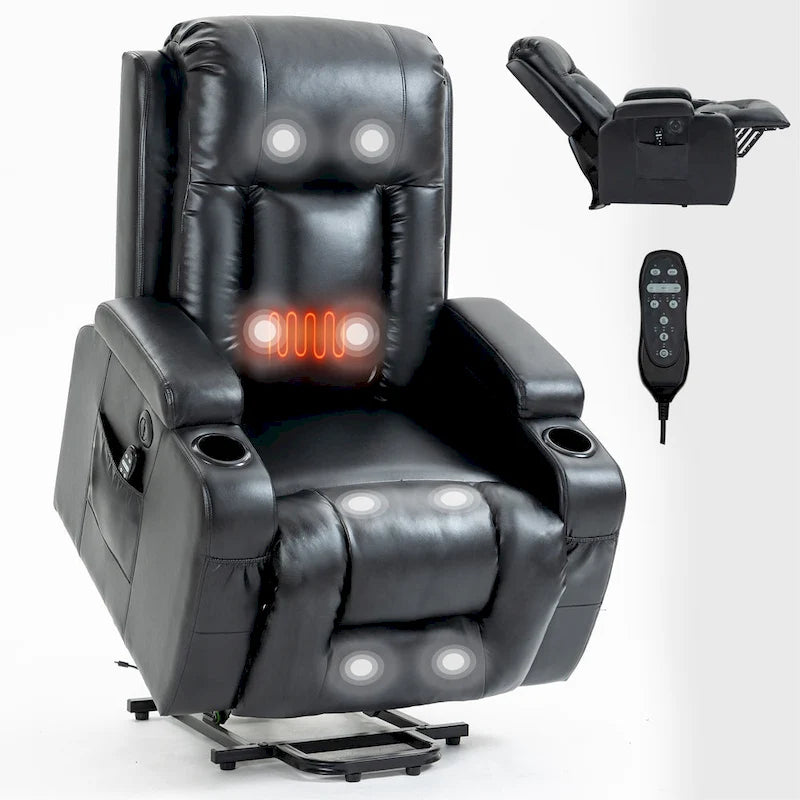 Sillón reclinable eléctrico elevador de posición infinita para personas mayores, con masaje vibratorio de 8 puntos y calefacción lumbar, puerto de carga USB