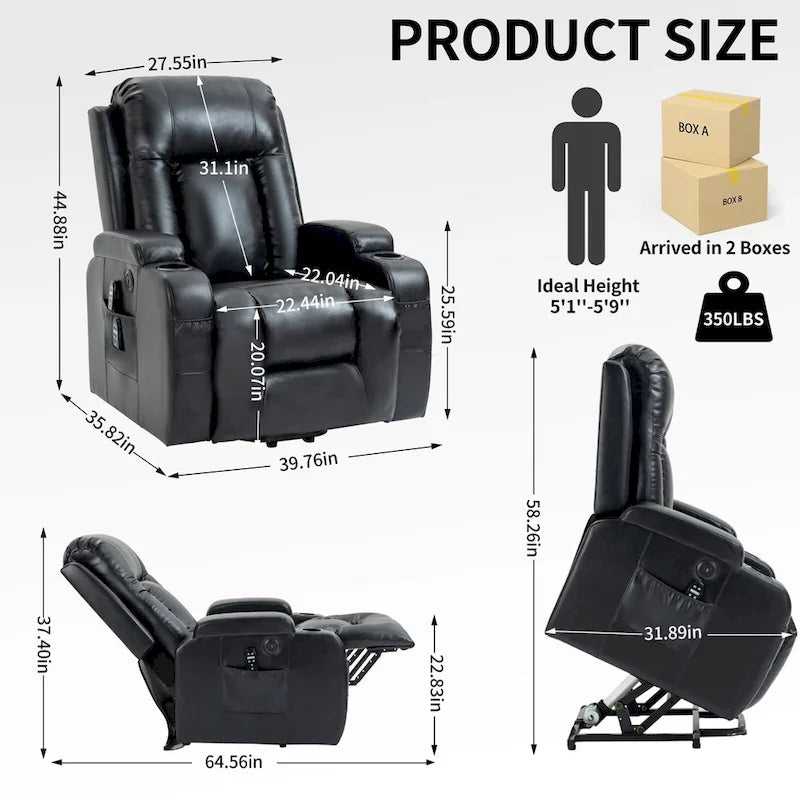 Sillón reclinable eléctrico elevador de posición infinita para personas mayores, con masaje vibratorio de 8 puntos y calefacción lumbar, puerto de carga USB