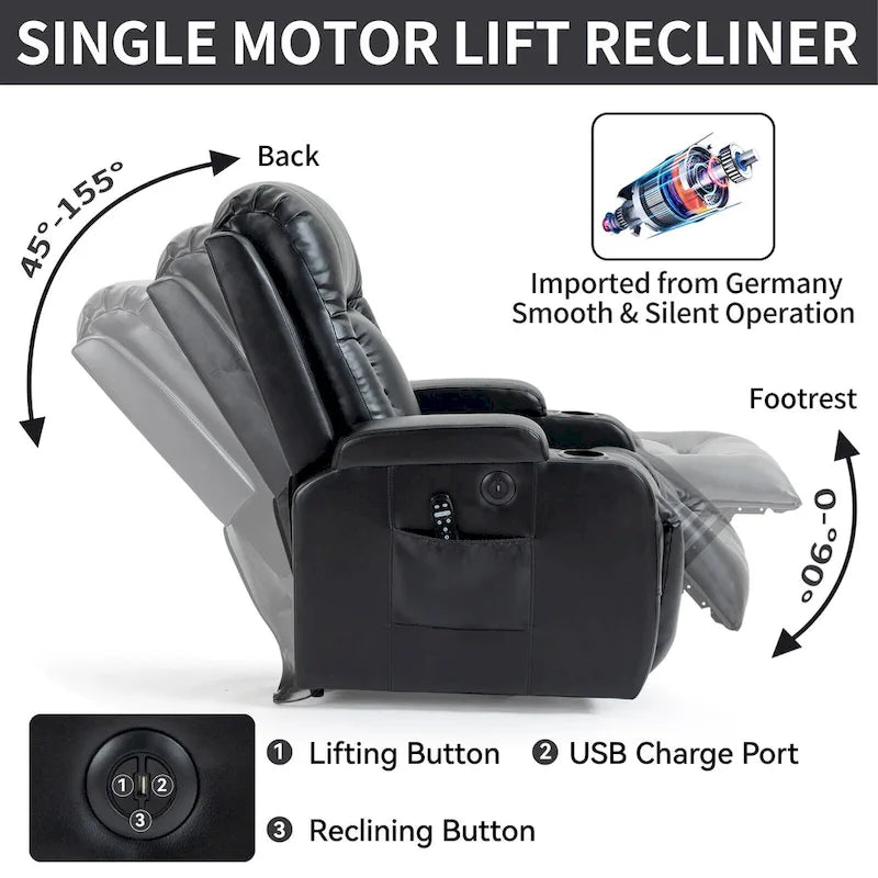 Sillón reclinable eléctrico elevador de posición infinita para personas mayores, con masaje vibratorio de 8 puntos y calefacción lumbar, puerto de carga USB