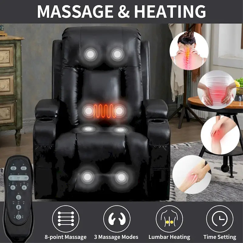 Sillón reclinable eléctrico elevador de posición infinita para personas mayores, con masaje vibratorio de 8 puntos y calefacción lumbar, puerto de carga USB