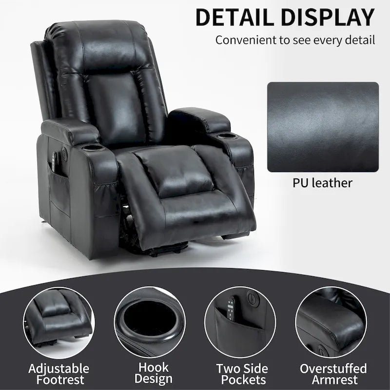Sillón reclinable eléctrico elevador de posición infinita para personas mayores, con masaje vibratorio de 8 puntos y calefacción lumbar, puerto de carga USB