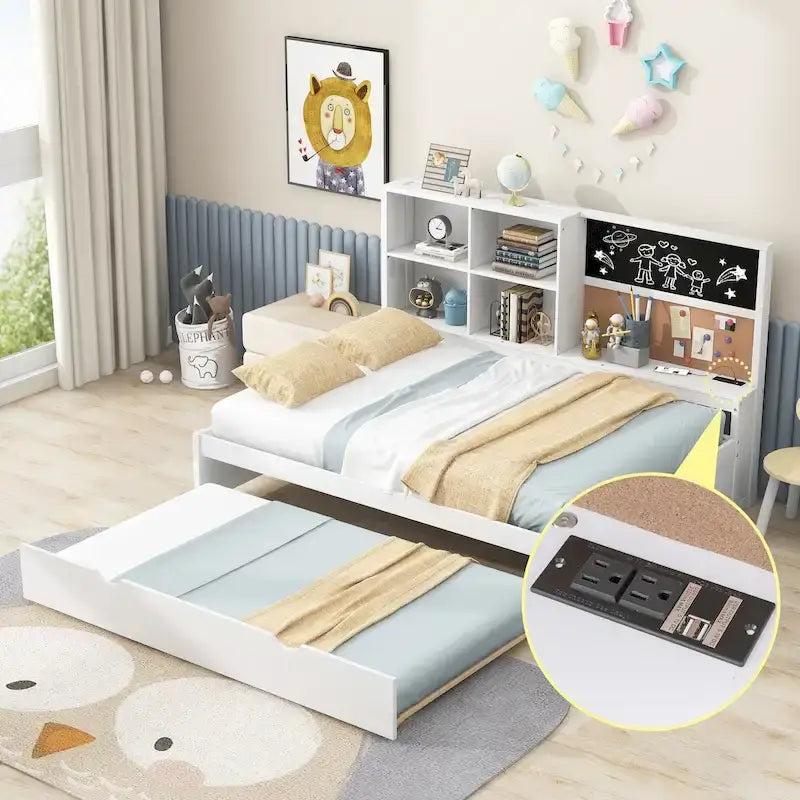 Letto da giorno completo in pino con lavagna, USB e letto estraibile