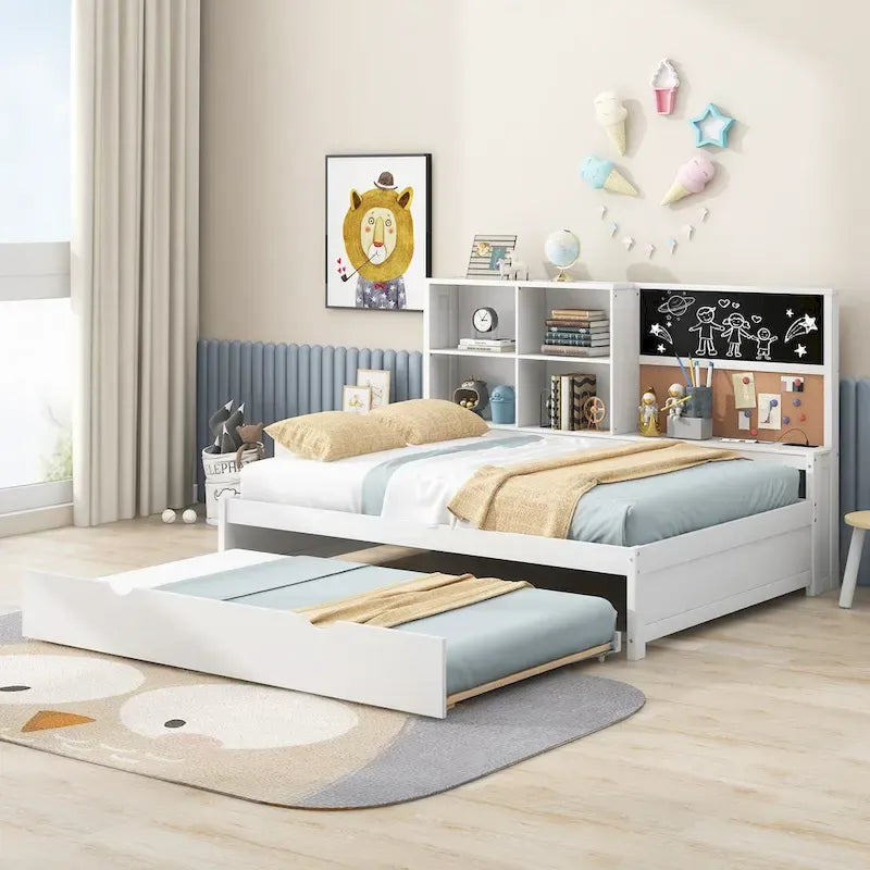 Letto da giorno completo in pino con lavagna, USB e letto estraibile
