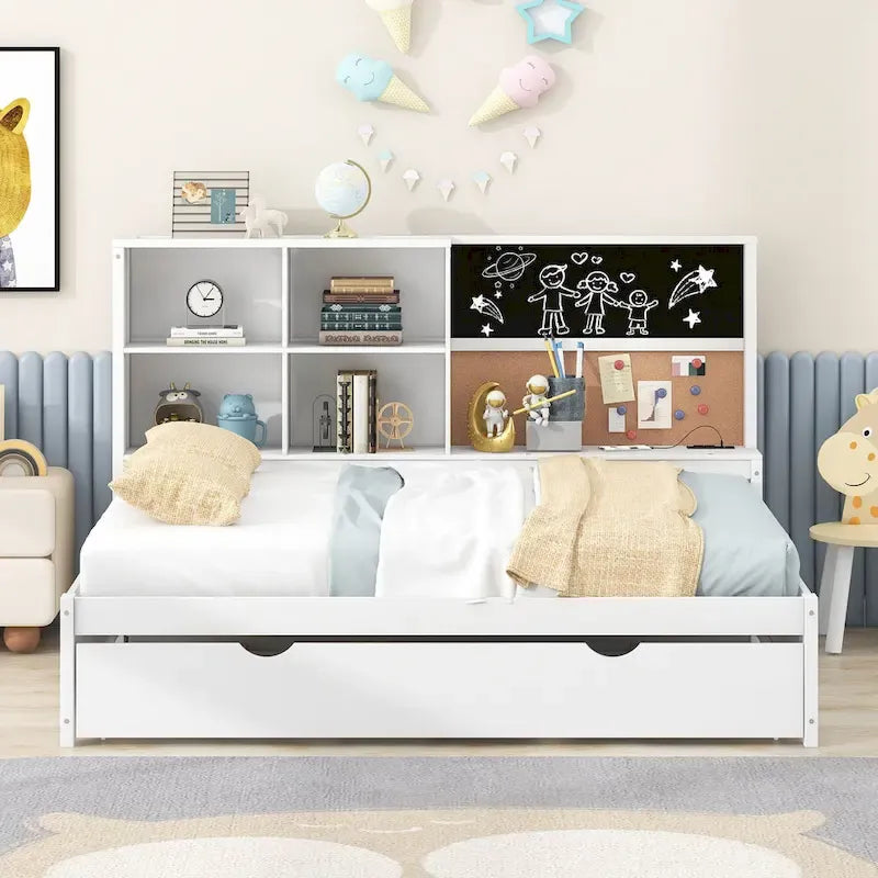 Letto da giorno completo in pino con lavagna, USB e letto estraibile