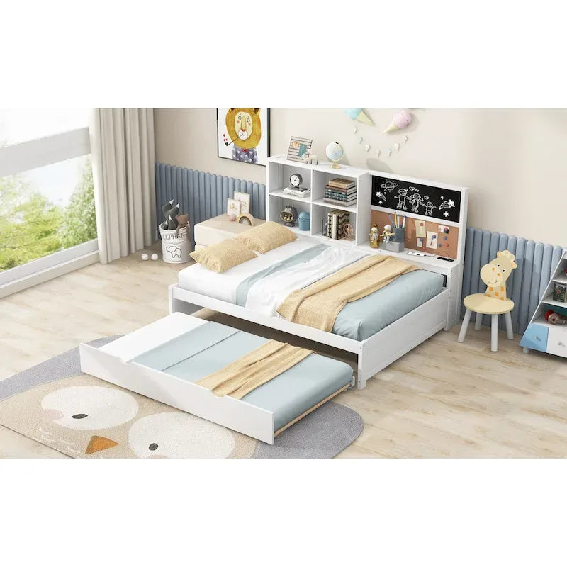 Cama de día matrimonial de pino con pizarra, USB y cama nido