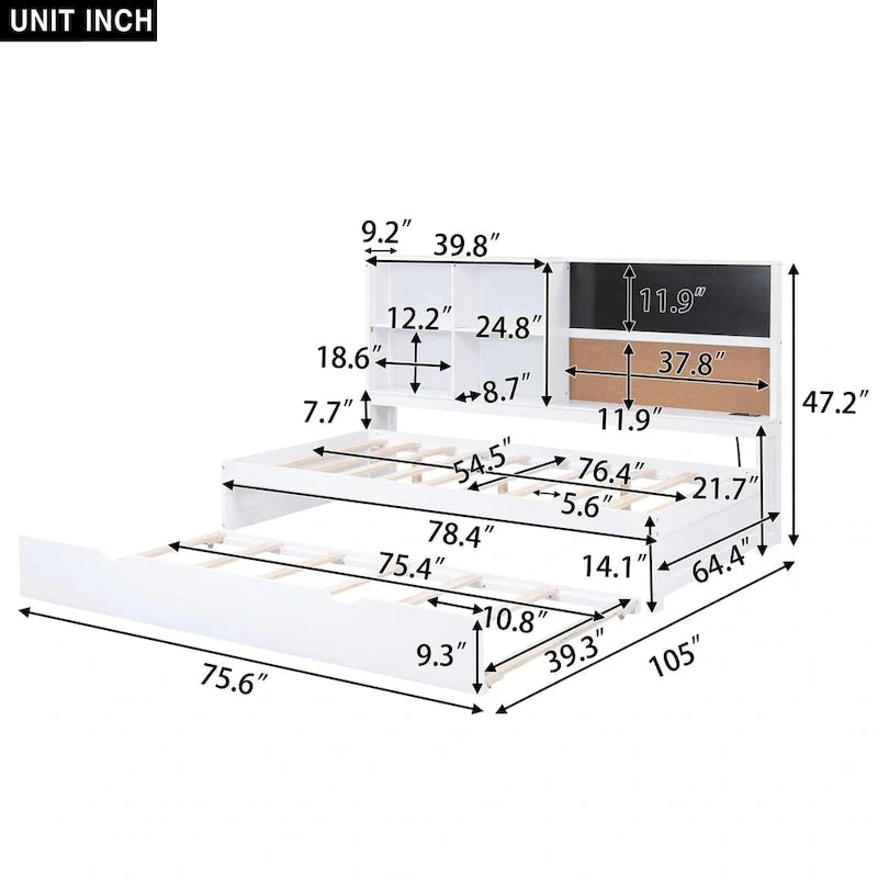 Cama de día matrimonial de pino con pizarra, USB y cama nido