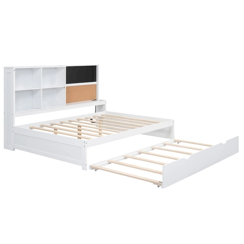 Cama de día matrimonial de pino con pizarra, USB y cama nido