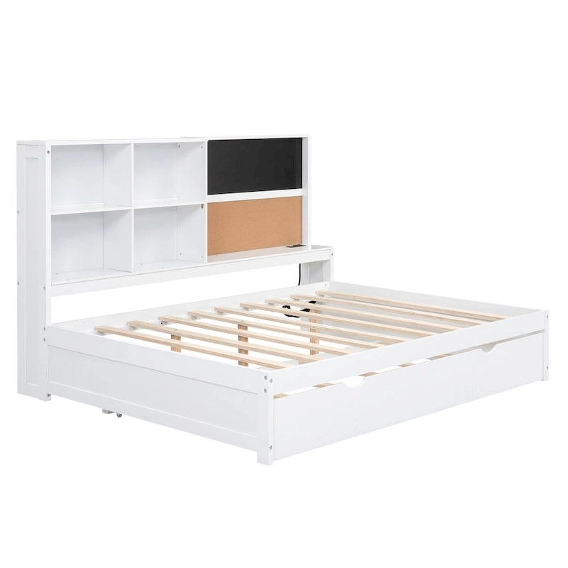 Cama de día matrimonial de pino con pizarra, USB y cama nido
