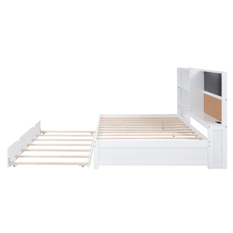 Cama de día matrimonial de pino con pizarra, USB y cama nido