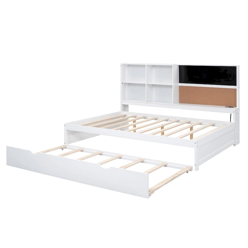 Cama de día matrimonial de pino con pizarra, USB y cama nido