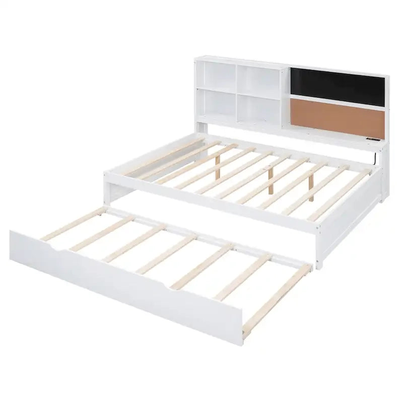 Cama de día matrimonial de pino con pizarra, USB y cama nido