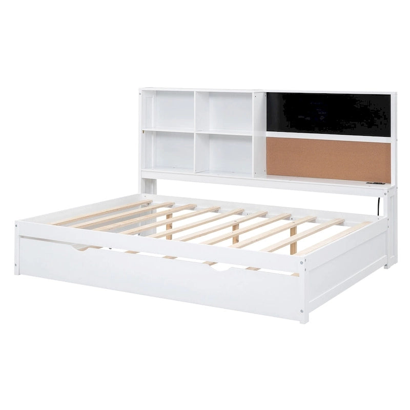 Cama de día matrimonial de pino con pizarra, USB y cama nido