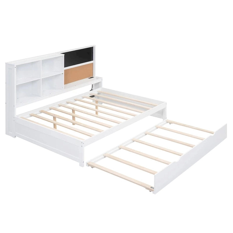 Cama de día matrimonial de pino con pizarra, USB y cama nido