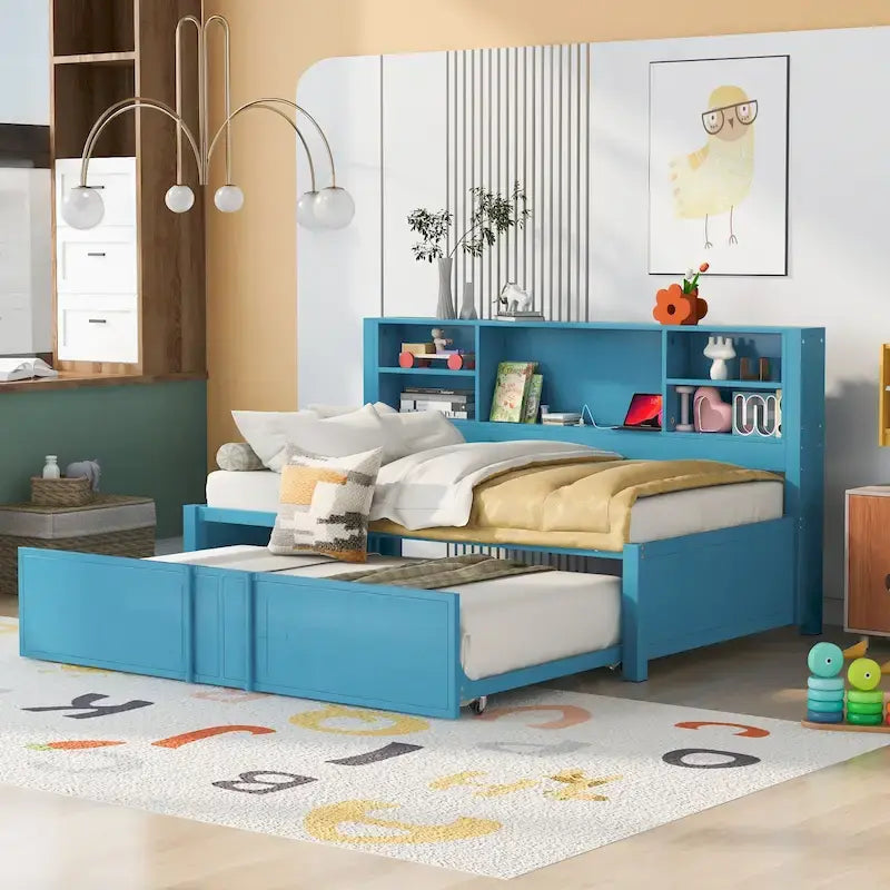 Cama de día metálica tamaño Twin con cama nido tamaño Twin, estantes de almacenamiento y puertos USB