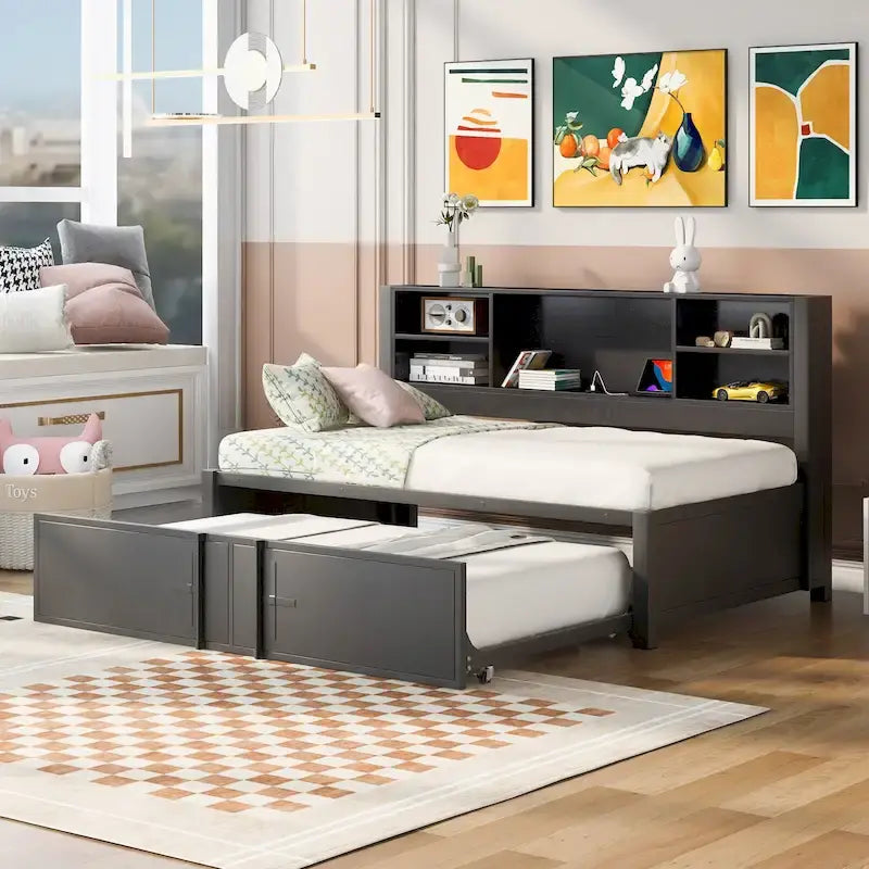 Letto da giorno in metallo formato singolo con letto estraibile singolo, ripiani portaoggetti e porte USB