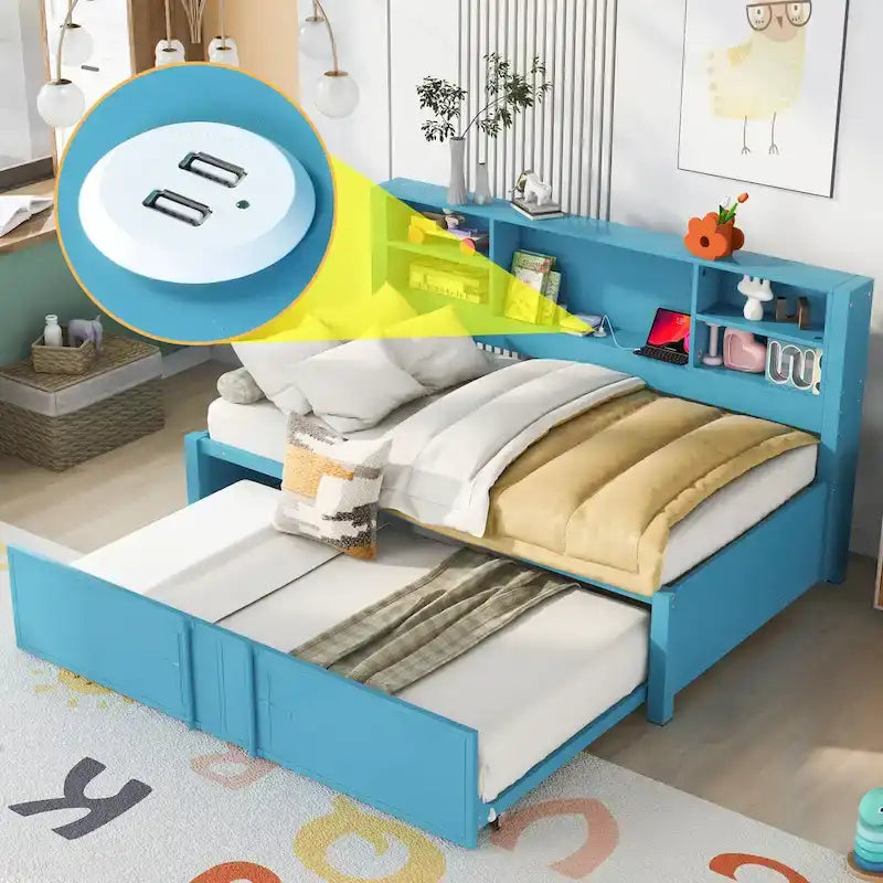 Cama de día metálica tamaño Twin con cama nido tamaño Twin, estantes de almacenamiento y puertos USB