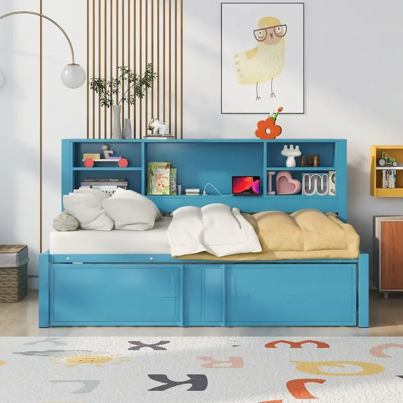 Cama de día metálica tamaño Twin con cama nido tamaño Twin, estantes de almacenamiento y puertos USB