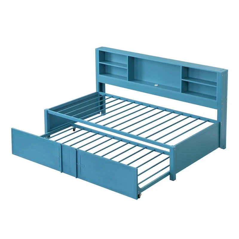 Letto da giorno in metallo formato singolo con letto estraibile singolo, ripiani portaoggetti e porte USB