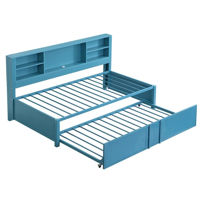 Letto da giorno in metallo formato singolo con letto estraibile singolo, ripiani portaoggetti e porte USB
