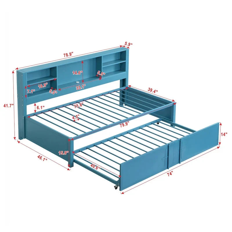 Cama de día metálica tamaño Twin con cama nido tamaño Twin, estantes de almacenamiento y puertos USB