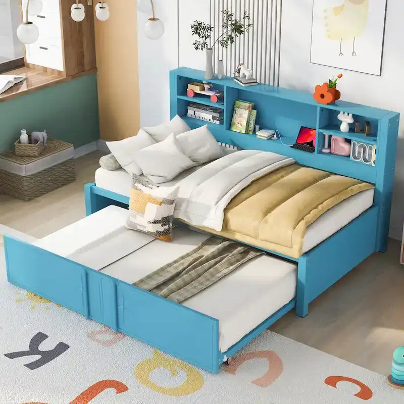 Cama de día metálica tamaño Twin con cama nido tamaño Twin, estantes de almacenamiento y puertos USB