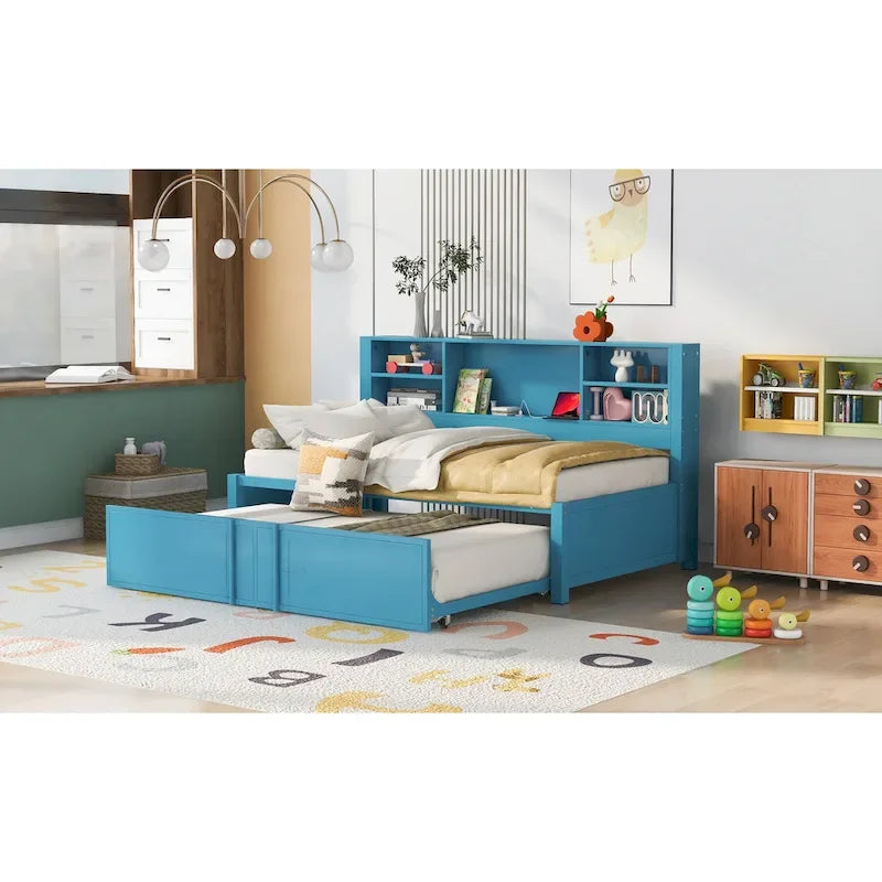 Cama de día metálica tamaño Twin con cama nido tamaño Twin, estantes de almacenamiento y puertos USB