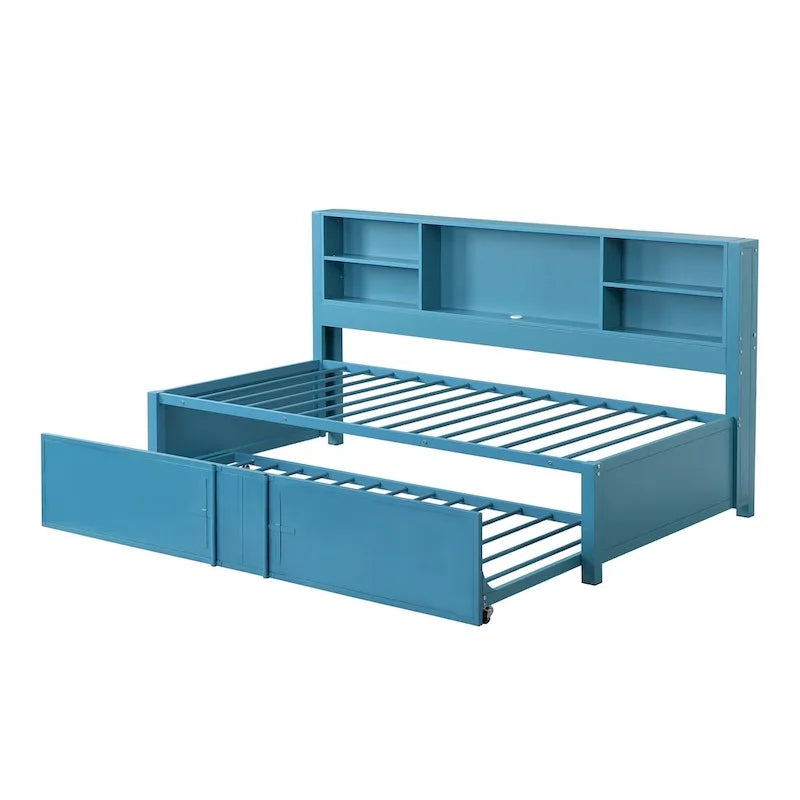 Cama de día metálica tamaño Twin con cama nido tamaño Twin, estantes de almacenamiento y puertos USB