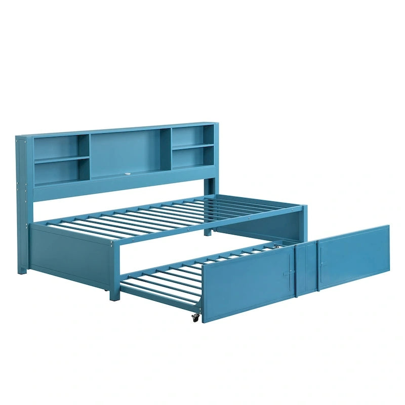 Cama de día metálica tamaño Twin con cama nido tamaño Twin, estantes de almacenamiento y puertos USB