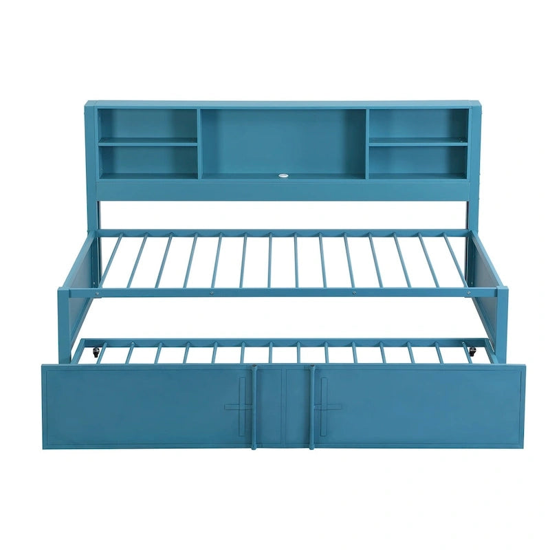 Cama de día metálica tamaño Twin con cama nido tamaño Twin, estantes de almacenamiento y puertos USB