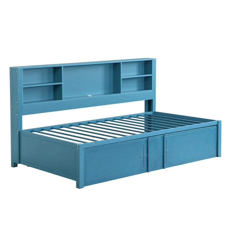 Cama de día metálica tamaño Twin con cama nido tamaño Twin, estantes de almacenamiento y puertos USB
