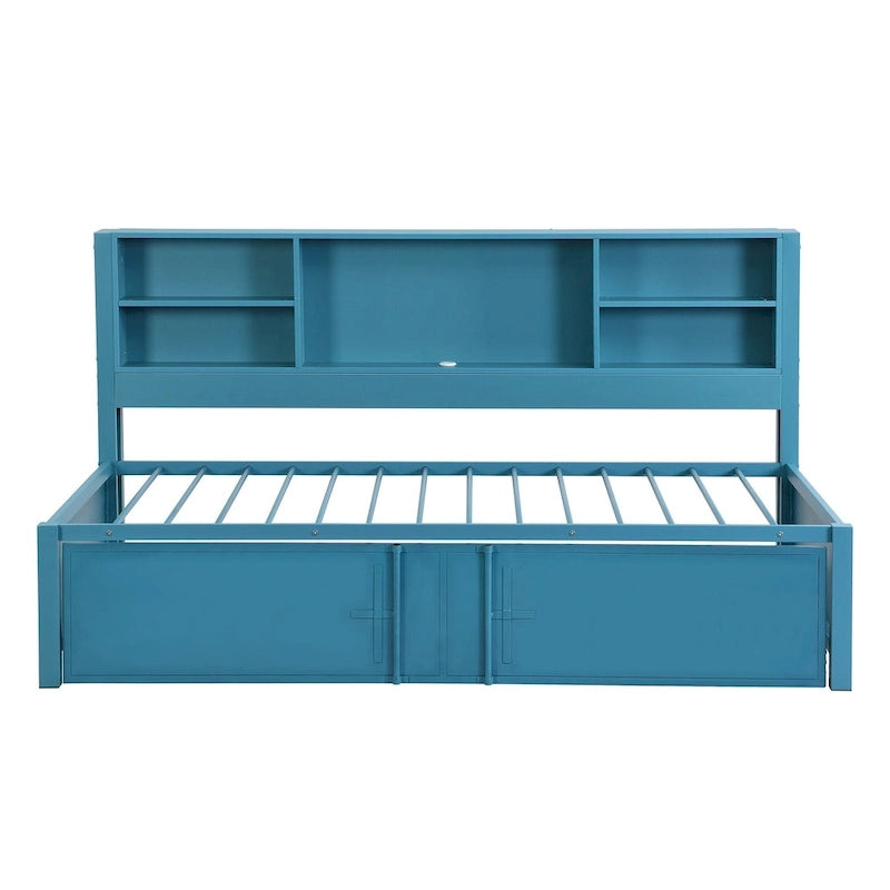 Cama de día metálica tamaño Twin con cama nido tamaño Twin, estantes de almacenamiento y puertos USB