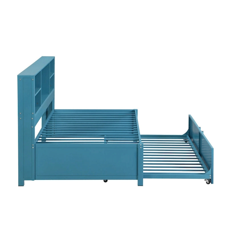 Cama de día metálica tamaño Twin con cama nido tamaño Twin, estantes de almacenamiento y puertos USB
