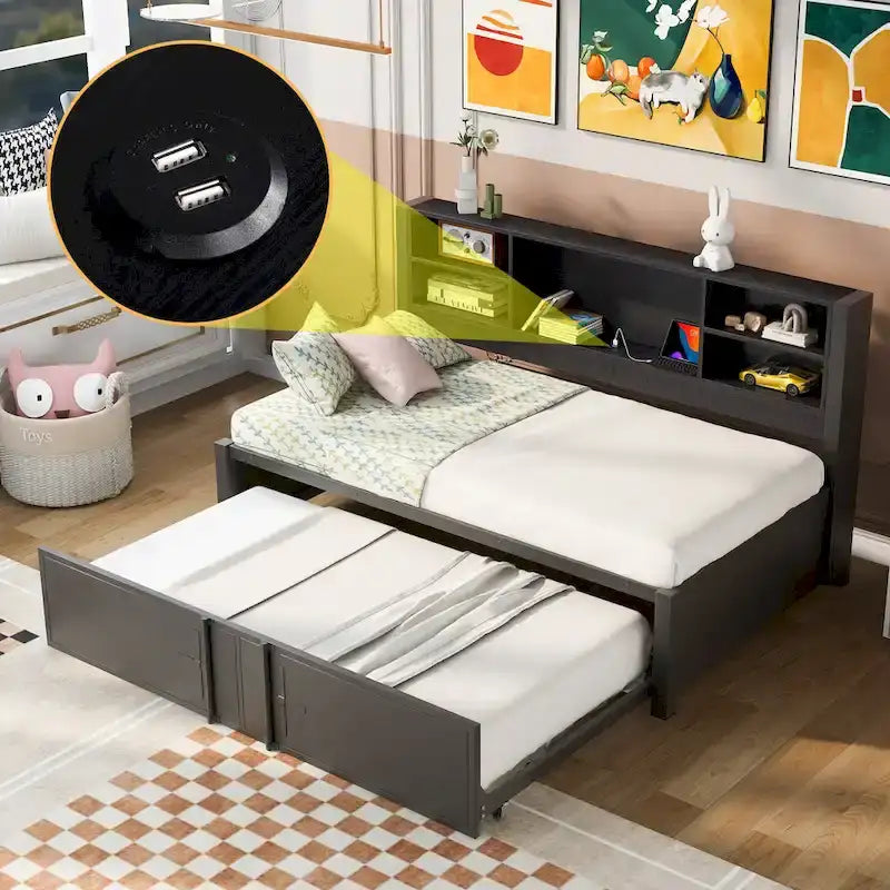 Cama de día metálica tamaño Twin con cama nido tamaño Twin, estantes de almacenamiento y puertos USB