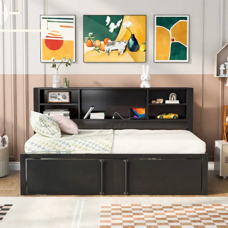 Cama de día metálica tamaño Twin con cama nido tamaño Twin, estantes de almacenamiento y puertos USB