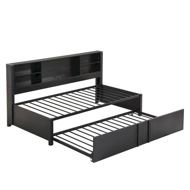 Cama de día metálica tamaño Twin con cama nido tamaño Twin, estantes de almacenamiento y puertos USB