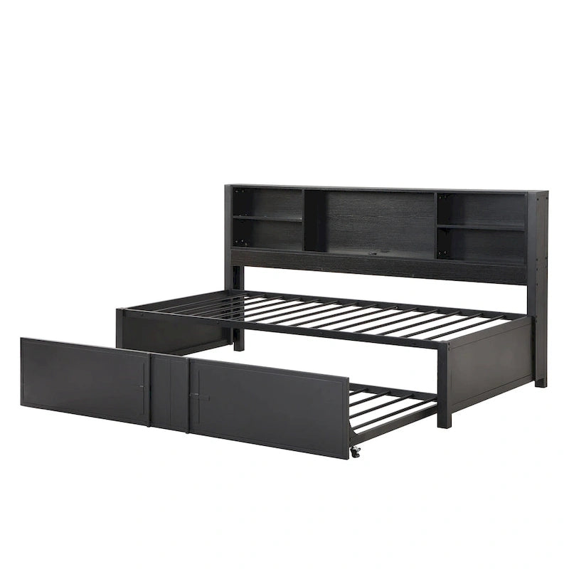 Cama de día metálica tamaño Twin con cama nido tamaño Twin, estantes de almacenamiento y puertos USB