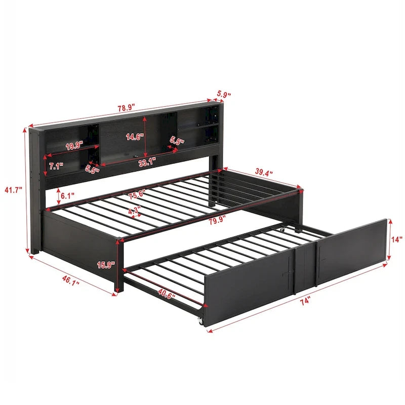 Cama de día metálica tamaño Twin con cama nido tamaño Twin, estantes de almacenamiento y puertos USB