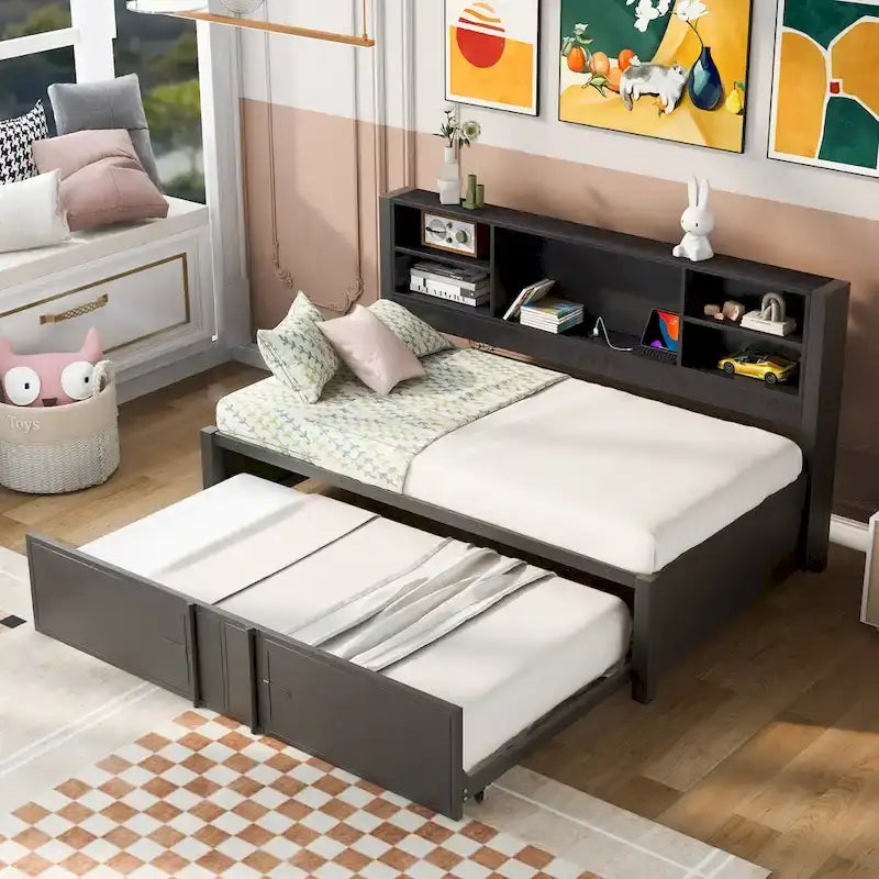 Cama de día metálica tamaño Twin con cama nido tamaño Twin, estantes de almacenamiento y puertos USB