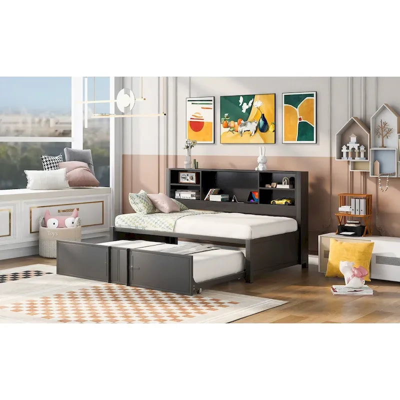 Cama de día metálica tamaño Twin con cama nido tamaño Twin, estantes de almacenamiento y puertos USB