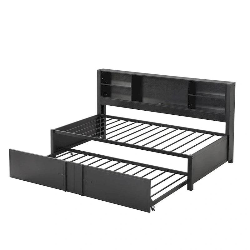 Cama de día metálica tamaño Twin con cama nido tamaño Twin, estantes de almacenamiento y puertos USB