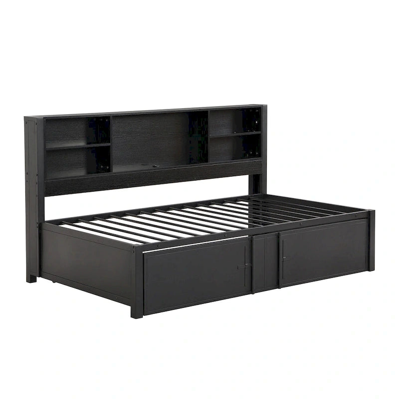 Cama de día metálica tamaño Twin con cama nido tamaño Twin, estantes de almacenamiento y puertos USB