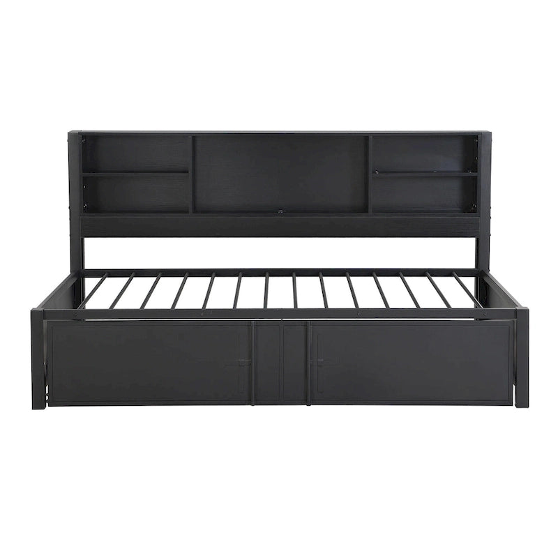 Cama de día metálica tamaño Twin con cama nido tamaño Twin, estantes de almacenamiento y puertos USB