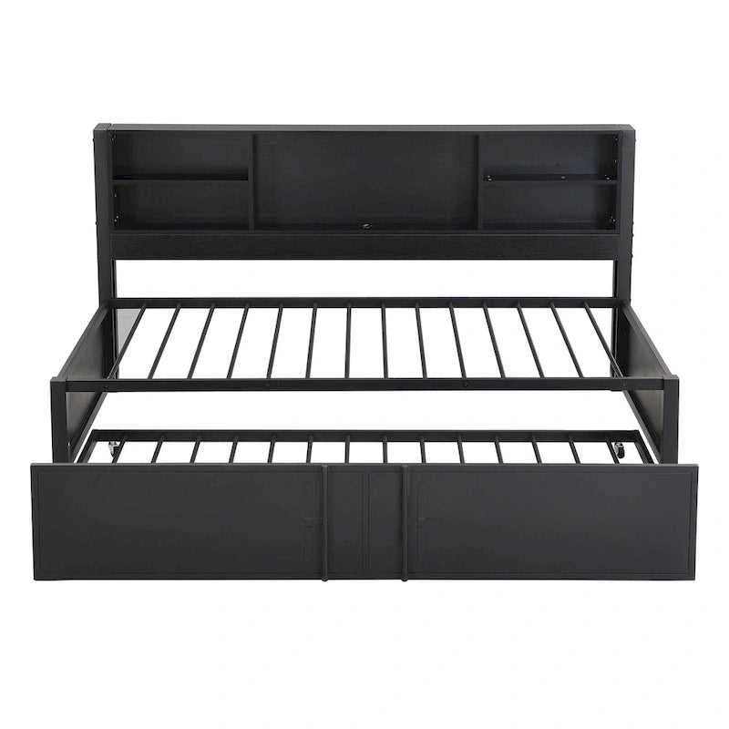 Cama de día metálica tamaño Twin con cama nido tamaño Twin, estantes de almacenamiento y puertos USB