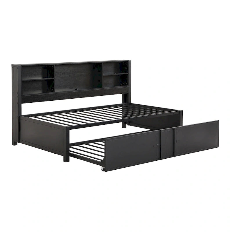 Cama de día metálica tamaño Twin con cama nido tamaño Twin, estantes de almacenamiento y puertos USB